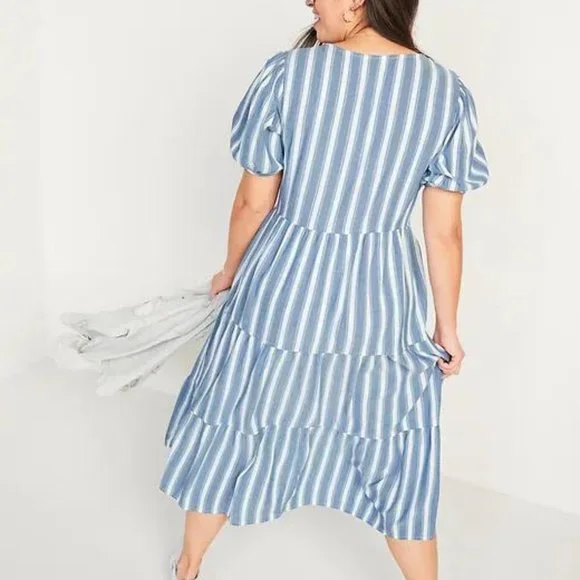 Old Navy Puff-Sleeve Tiered Striped Plus Midi Swing Dress for Women New - Picture 4 of 4